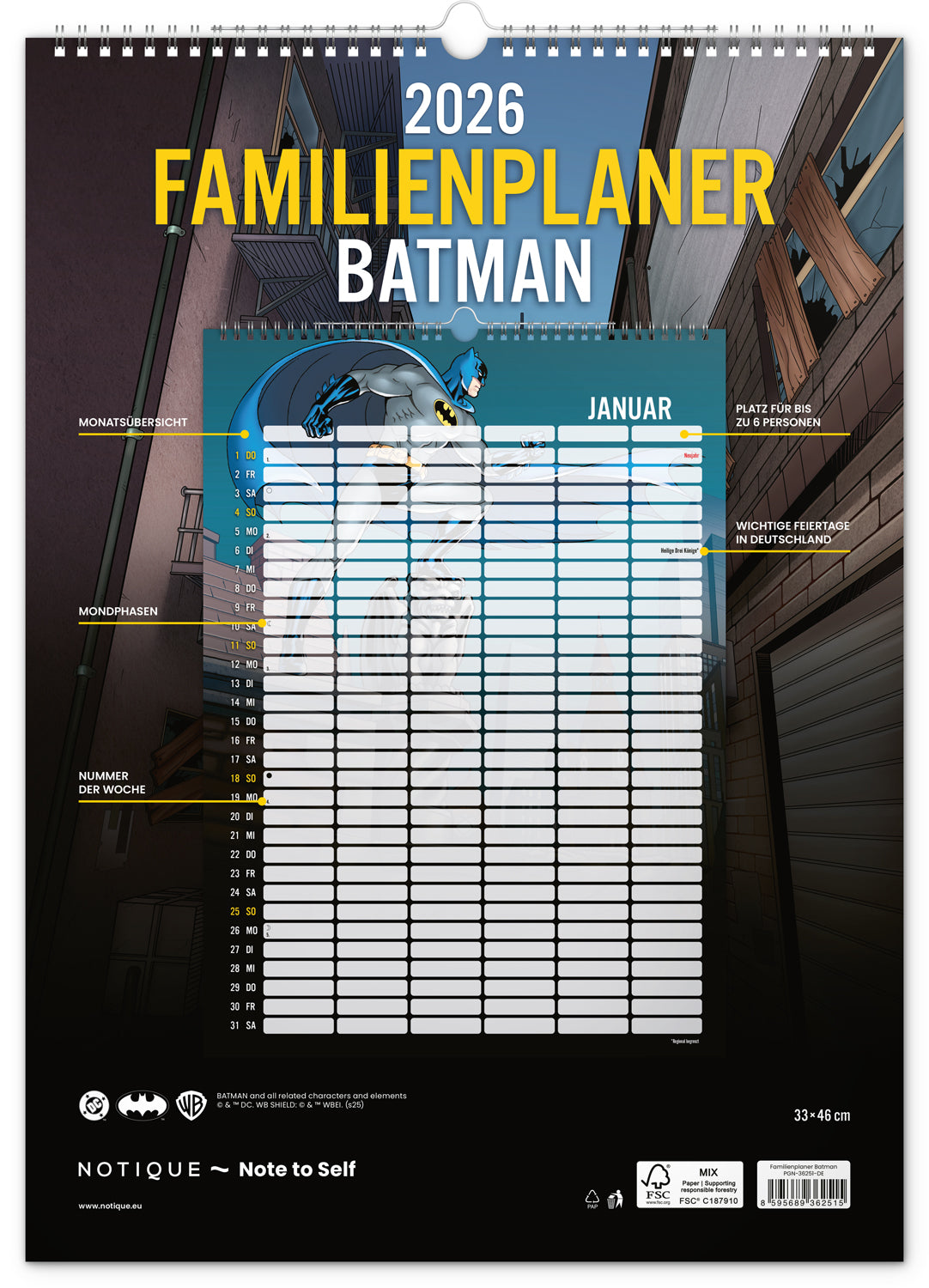 Familienplaner Batman 2026, 33 × 46 cm