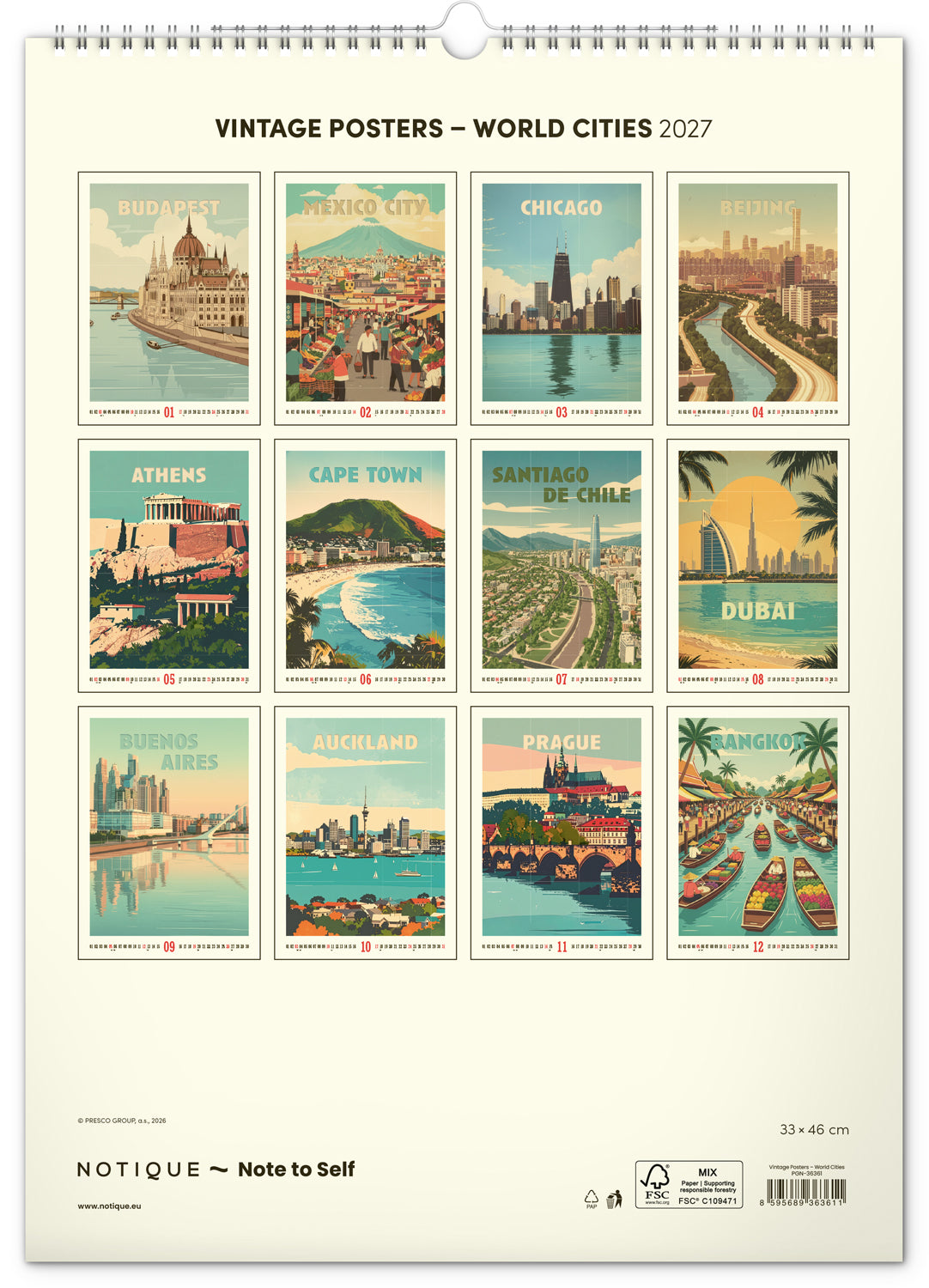 Wandkalender Vintage-Plakate – Weltstädte 2027, 33 x 46 cm