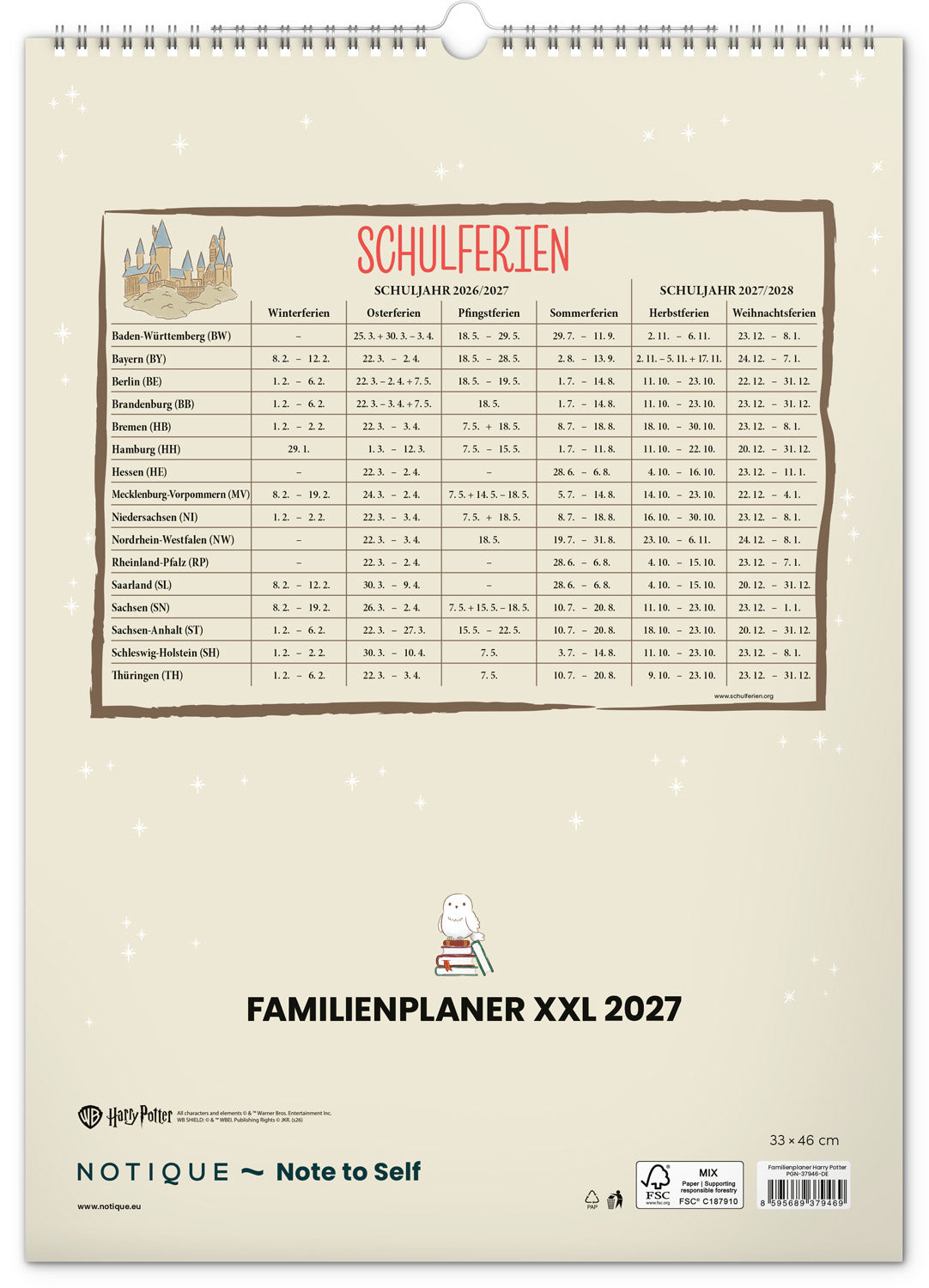 Familienplaner Harry Potter XL 2027, 33 x 46 cm