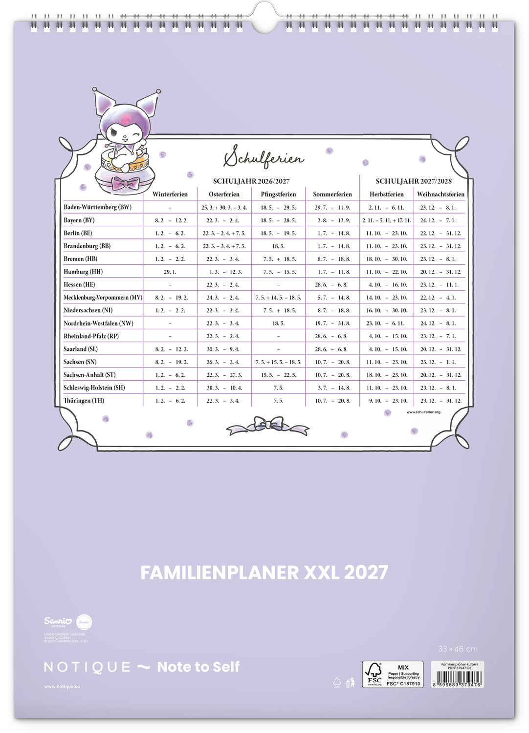 Familienplaner Kuromi 2027, 33 x 46 cm